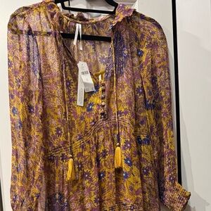 Anthropologie Bohemian Floral Tiered Dress in Mustard Pink and Purple